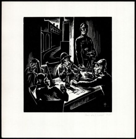 Menyhárt József (1901-1976): Bor, élet, halál. Fametszet, papír, jelzett a metszeten, 17×15,5 cm