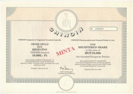 Budapest 1990. 'CHINOIN Gyógyszer és Vegyészeti Termékek Gyára Rt.' kitöltetlen, névre szóló részvénye, magyar és angol nyelven, 'MINTA' felülbélyegzéssel, 000-ás sorszámmal, szelvényekkel T:I