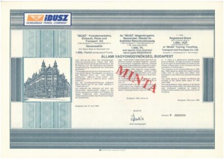 Budapest 1990. 'IBUSZ Idegenforgalmi, Beszerzési, Utazási és Szállítási Részvénytársaság' kitöltetlen, névre szóló részvénye, magyar, német és angol nyelven, 'MINTA' felülbélyegzéssel, 000-ás sorszámmal, szelvényekkel T:I