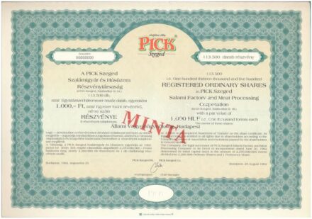 Budapest 1992. 'Pick Szeged Szalámigyár és Húsüzem Részvénytársaság' kitöltetlen, névre szóló részvénye, magyar és angol nyelven, 'MINTA' felülbélyegzéssel, 000-ás sorszámmal, szelvényekkel T:I