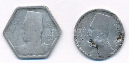 Egyiptom 1929BP 2M Cu-Ni + 1944. 2P Ag T:2-,3 az egyik érmen nagyobb ütésnyomok, ph Egypt 1929BP 2 Milliemes Cu-Ni + 1944. 2 Piastres Ag C:VF,F on one of them there are larger dings, edge error Krause KM#345,#369