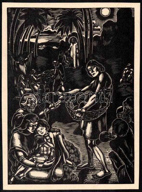 cca 1933 Dallos Hanna (1907-1944): 'Mindennapi kenyerünket', fametszet, papír, jelzett a metszeten, 28,5x20,5 cm