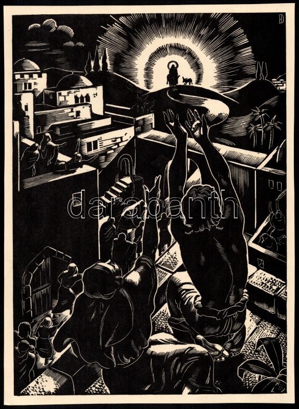 cca 1933 Dallos Hanna (1907-1944): 'Legyen meg a te akaratod', fametszet, papír, jelzett a metszeten, 28,5x20,5 cm