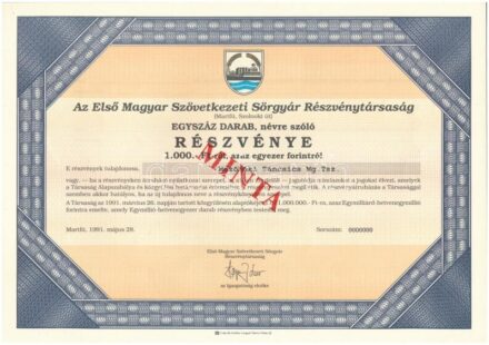 Martfű 1991. 'Első Magyar Szövetkezeti Sörgyár Részvénytársaság' kitöltetlen, névre szóló részvénye, 'MINTA' felülbélyegzéssel, 000-ás sorszámmal, szelvényekkel T:I
