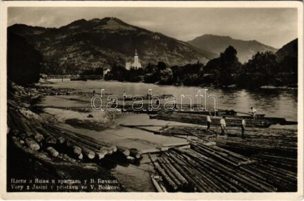 Nagybocskó, Velikij Bicskiv, Velykyy Bychkiv (Máramaros); tutajosok faúsztatáskor / Vory z Jasini v pristavu ve V. Bockove / rafting with timber transport on the river