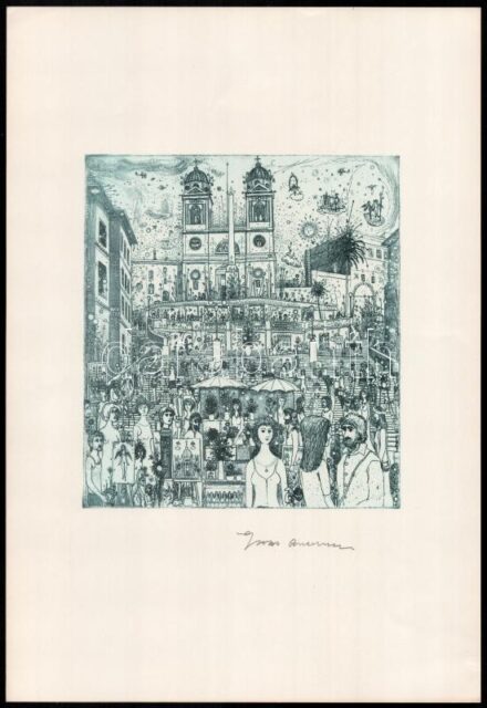 Gross Arnold (1929-2015): A Spanyol Lépcső Rómában. Ofszet nyomat, papír, jelzett, a Corvina mappából, 20×19 cm