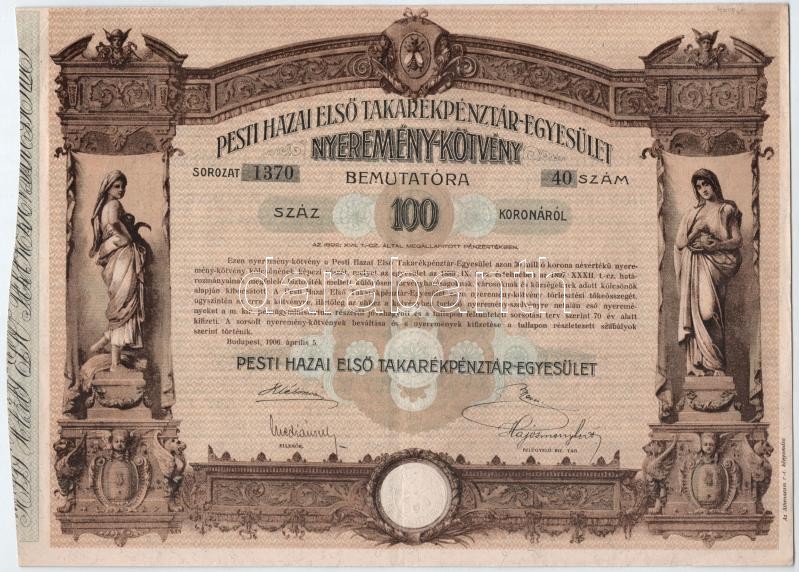 Budapest 1906. 'Pesti Hazai Első Takarékpénztár-Egyesület' 100K-ról szóló nyereménykötvénye, szárazpecséttel (3x) T:II- - Image 3