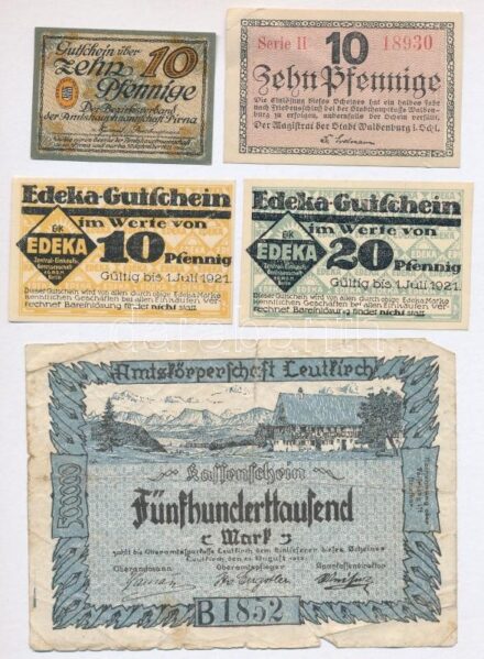 Vegyes: Német Birodalom 1921-1923. 5db-os szükségpénz tétel + Olaszország / Milánó 1977. 100L csekk + Olaszország / Oktatási Minisztérium 2db sorszámkövető belépőjegy szárazpecséttel T:II-IV German Empire 1921-1923. 5pcs