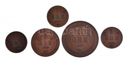 Svédország 1890-1907. 1ö-5ö Br (5xklf) T:1-,2 patina, kis ph Sweden 1890-1907. 1 Ore - 5 Ore Br (5xdiff) C:AU,XF patina, small edge error Krause KM#735,750,770