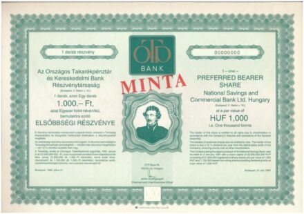 1993. 'OTP - Országos Takarékpénztár és Kereskedelmi Bank Részvénytársaság' elsőbbségi részvénye 1000 forintról, kitöltetlen, 'MINTA' felülnyomással, 000-ás sorszámmal, szelvényekkel T:I