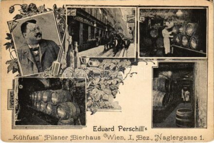 1907 Wien, Vienna, Bécs I. Eduard Perschill's 'Kühfuss' Pilsner Bierhaus. Naglergasse 1. / beer hall interior, advertisement. Art Nouveau, floral