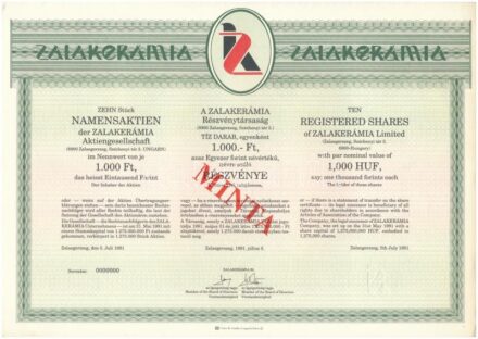 Zalaegerszeg 1991. 'Zalakerámia Részvénytársaság' névre szóló részvénye 1000 forintról, kitöltetlen, magyar, angol és német nyelven, 'MINTA' felülnyomással, 000-ás sorszámmal, szelvényekkel T:I