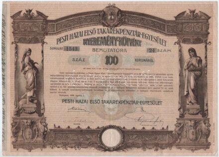 Budapest 1906. 'Pesti Hazai Első Takarékpénztár-Egyesület' 100K-ról szóló nyereménykötvénye, szárazpecséttel + 'Pesti Hazai Első Takarékpénztár-Egyesület' nyeremény-szelvény, hátlapon sorsolási tervvel T:II-