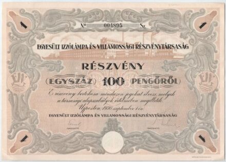 Újpest 1930. 'Egyesült Izzólámpa és Villamossági Részvénytársaság' részvénye 100P-ről, szelvényekkel., szárazpecséttel T:I-