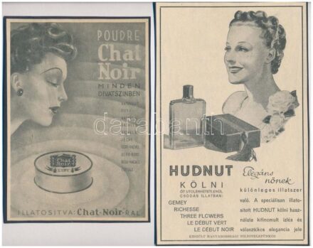 cca 1920-1940 'Pudra Chat Noir minden divatszínben', és 'Hudnut kölni' reklámok, papírok kartonokra kasírozva, 18x13 cm és 21x13 cm
