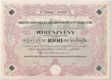 Újpest 1930. 'Egyesült Izzólámpa és Villamossági Részvénytársaság' 10 részvénye egyben, összesen 1000P-ről, szárazpecséttel, szelvényekkel T:I-