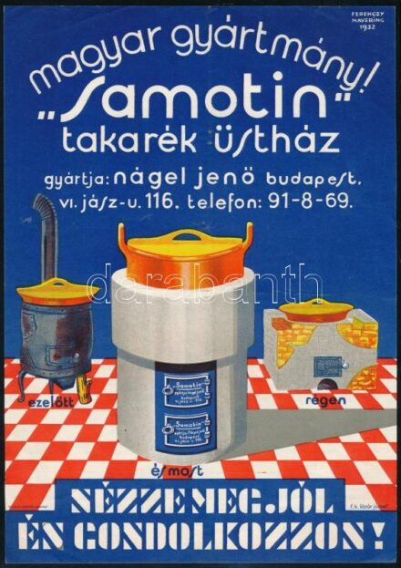 'Samotin' takarék üstház, 1932. Kis méretű, a hátoldalán szöveges reklám plakát, ofszet, papír. 28×20 cm