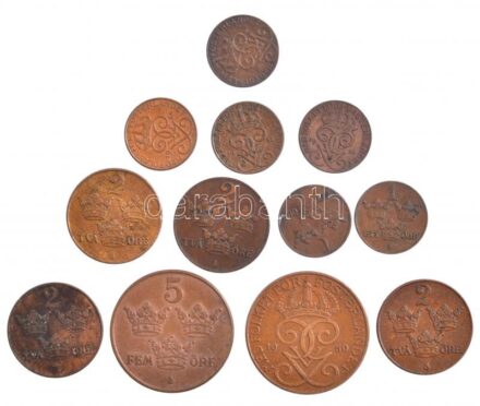 Svédország 1921-1950. 1ö-5ö Br (12xklf) T:1-,2 patina, kis ph Sweden 1921-1950. 1 Ore - 5 Ore Br (12xdiff) C:AU,XF patina, small edge error Krause KM#777.2,#778,#779.2