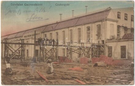 1921 Cservenka, Crvenka; Cukorgyár, iparvasút. Georg Pleesz kiadása / sugar factory, industrial railway (ázott / wet damage)