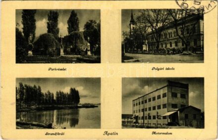 Apatin, Park, Motormalom, Polgári iskola és templom, Strandfürdő / park, motor mill, school, church, beach (EB)