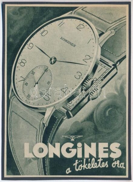 cca 1920-1940 'Longines a tökéletes óra', reklám nyomtatvány, papír kartonra kasírozva 15x11 cm