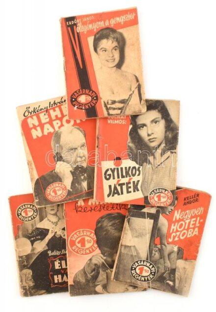 Vasárnapi Regények, 6 db (Élve vagy halva!, Vőlegényem a gengszter, Gyilkos játék, Nehéz napok, Negyven hotelszoba, Mama kerestetik!). Papírkötésben, viseltes állapotban