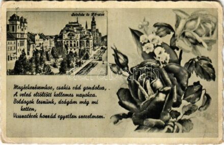 1942 Kassa, Kosice; Színház és Fő utca / theatre, main street (kopott sarkak / worn corners)