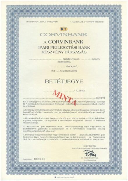 ~1990. 'Corvinbank Ipari Fejlesztési Részvénytársaság' kitöltetlen betétjegye, 'MINTA' felülbélyegzéssel T:I