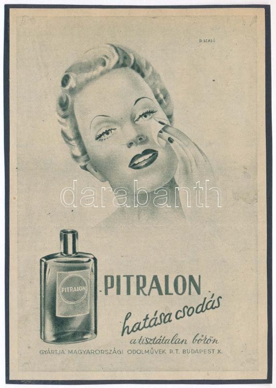 cca 1920-1940 Debreceni Szabó István (1905-1990): 'Pitralon hatása csodás a tisztátlan bőrön', reklám nyomtatvány kartonra kasírozva, 16x11 cm