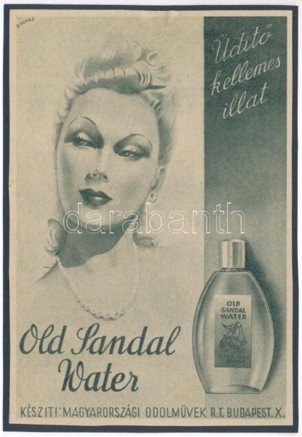 cca 1920-1940 Debreceni Szabó István (1905-1990): 'Old Sandal Water. Üdítő kellemes illat', reklám nyomtatvány kartonra kasírozva, 16x11 cm