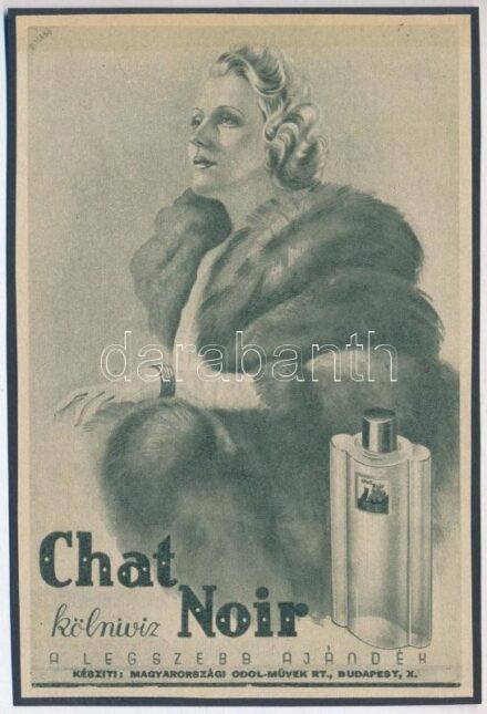 cca 1920-1940 Debreceni Szabó István (1905-1990): 'Chat Noir kölniviz. A legszebb ajándék', reklám nyomtatvány kartonra kasírozva, 16x11 cm