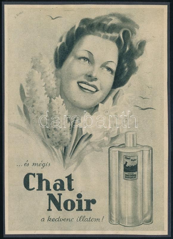 cca 1920-1940 Debreceni Szabó István (1905-1990): '...és mégis Chat Noir a kedvenc illatom!', reklám nyomtatvány kartonra kasírozva, 15,5x11 cm