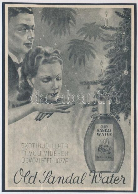 cca 1920-1940 Debreceni Szabó István (1905-1990): 'Old Sandal Water. Exotikus illata távoli vidékek üdvözletét hozza', reklám nyomtatvány kartonra kasírozva, 18x13 cm
