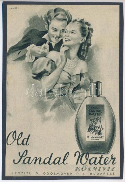 cca 1920-1940 Debreceni Szabó István (1905-1990): 'Old Sandal Water kölnivíz.', reklám nyomtatvány kartonra kasírozva, 15x10 cm