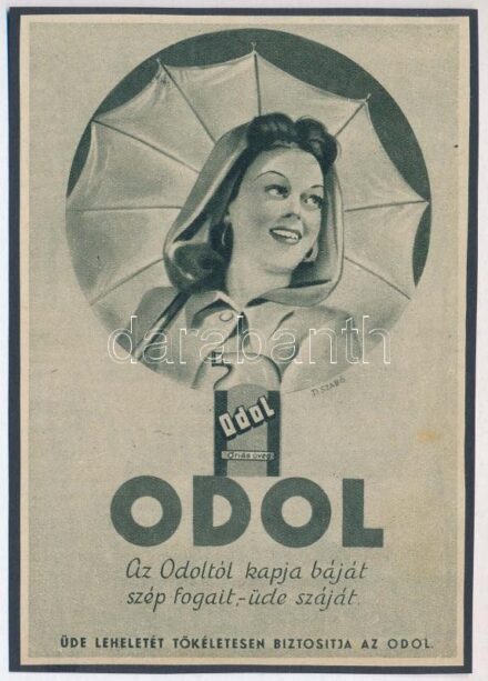 cca 1920-1940 Debreceni Szabó István (1905-1990): 'Odol. Az Odoltól kapja báját, szép fogait, üde száját', reklám nyomtatvány kartonra kasírozva, 15x10 cm