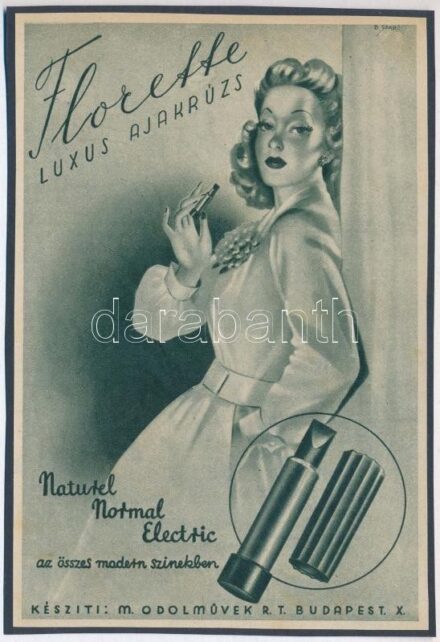 cca 1920-1940 Debreceni Szabó István (1905-1990): 'Florette luxus ajakrúzs,' reklám nyomtatvány kartonra kasírozva, 15x10 cm