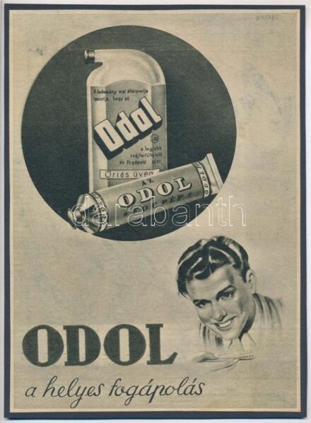 cca 1920-1940 Debreceni Szabó István (1905-1990): 'Odol a helyes fogápolás', reklám nyomtatvány kartonra kasírozva, 22x16 cm