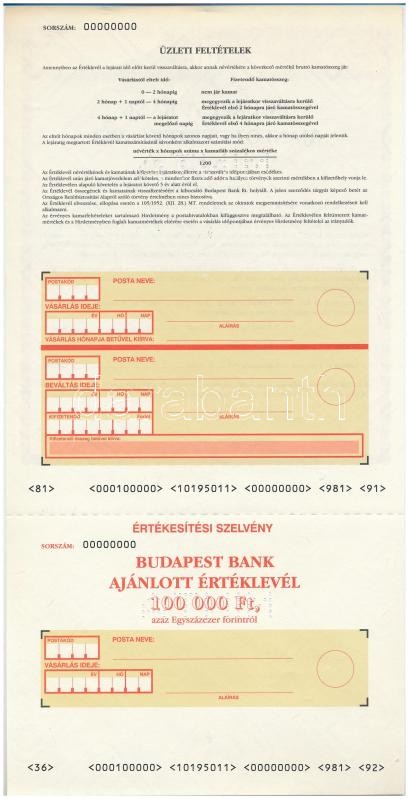 ~1995. 'Budapest Bank' 'MINTA' ajánlott értéklevél 100.000Ft-ról, kitöltetlen T:I