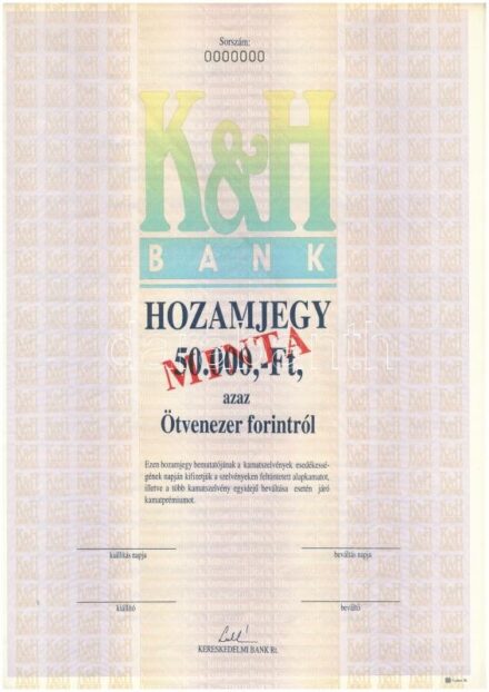 ~1990-2000. 'K&H Bank' 'MINTA' hozamjegy 50.000Ft-ról T:I