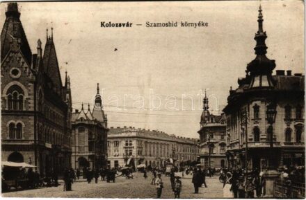 1918 Kolozsvár, Cluj; Szamoshíd környéke, gyógyszertár, tűzifa eladás, üzletek. Vasúti levelezőlapárusítás 9639. / street, shops, pharmacy + 'M. kir. 71. honvéd hegyi tüzér osztály parancsnoksága'