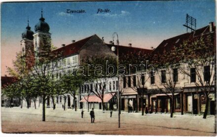 Trencsén, Trencín; Fő tér, templom, üzletek / main square, church, shops