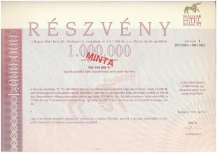 Budapest 1994. 'Magyar Hitel Bank Rt.' 500db 'MINTA' részvénye egyben, összesen 500.000.000Ft-ról, szelvényekkel T:I