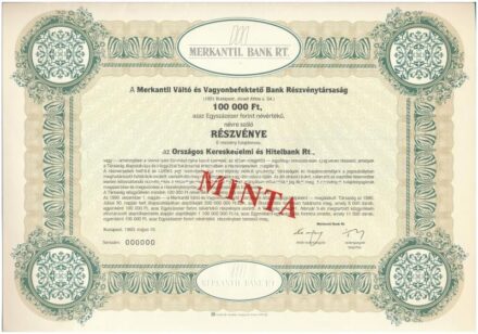 Budapest 1993. 'Merkantil Váltó és Vagyonbefektető Bank Részvénytársaság' 'MINTA' részvénye 100.000Ft-ról, szelvényekkel T:I