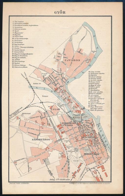 cca 1900 Győr város térképe, 1:20.000, Pallas Nagy Lexikona, Bp., Posner-ny, 21x13 cm