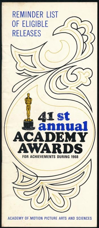 1968 A 41. Oscar-díj átadó ünnepség programtervezete, a jelölt filmek részletes listájával, közte a legjobb idegen nyelvű film kategóriában a Pál utcai fiúkkal, 3 db