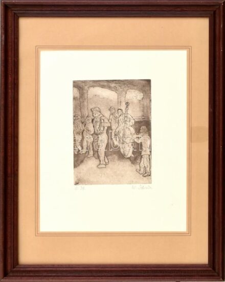 W. Schade jelzéssel: Zenekar. Rézkarc, papír. Üvegezett fakeretben. 16×12 cm