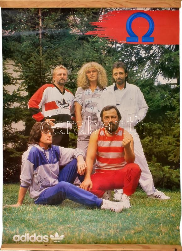 cca 1980 Omega poszter, Adidas reklámmal, az együttes tagjai által aláírt, 84x58cm, jó állapotban.