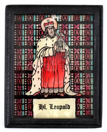 I. Lipót belga király, festett üvegkép, fakeretben, kopásnyomokkal, 10x8cm