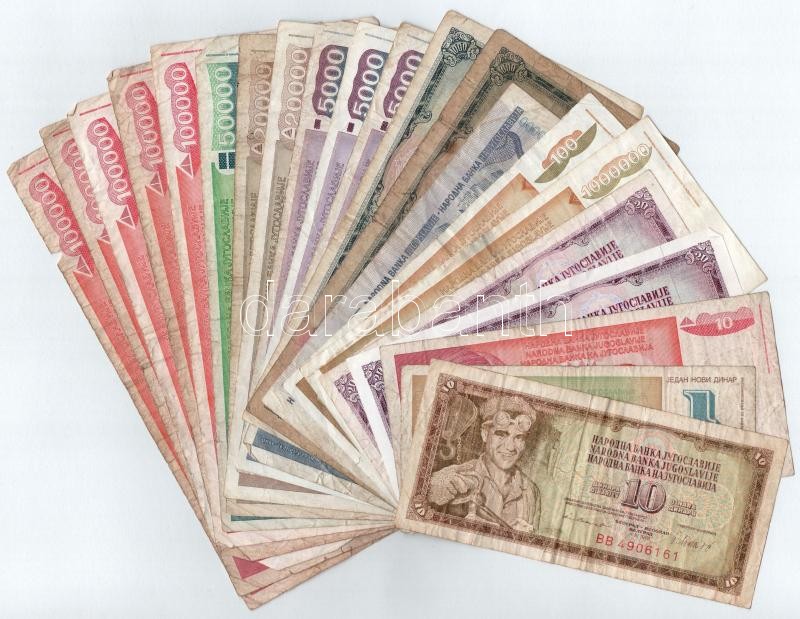 Jugoszlávia 1974-1994. 10D-1.000.000D (21db) T:III,III- Yugoslavia 1974-1994. 10 Dinara - 1.000.000 Dinara (21pcs) C:F,VG