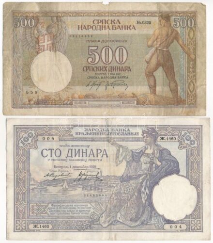 Jugoszlávia 1929. 100D 'I. Sándor' vízjel + Szerbia 1942. 500D T:III,III- Yugoslavia 1929. 100 Dinara with 'Alexander I' watermark + Serbia 1942. 500 Dinara C:F,VG Krause P#29.b, P#31